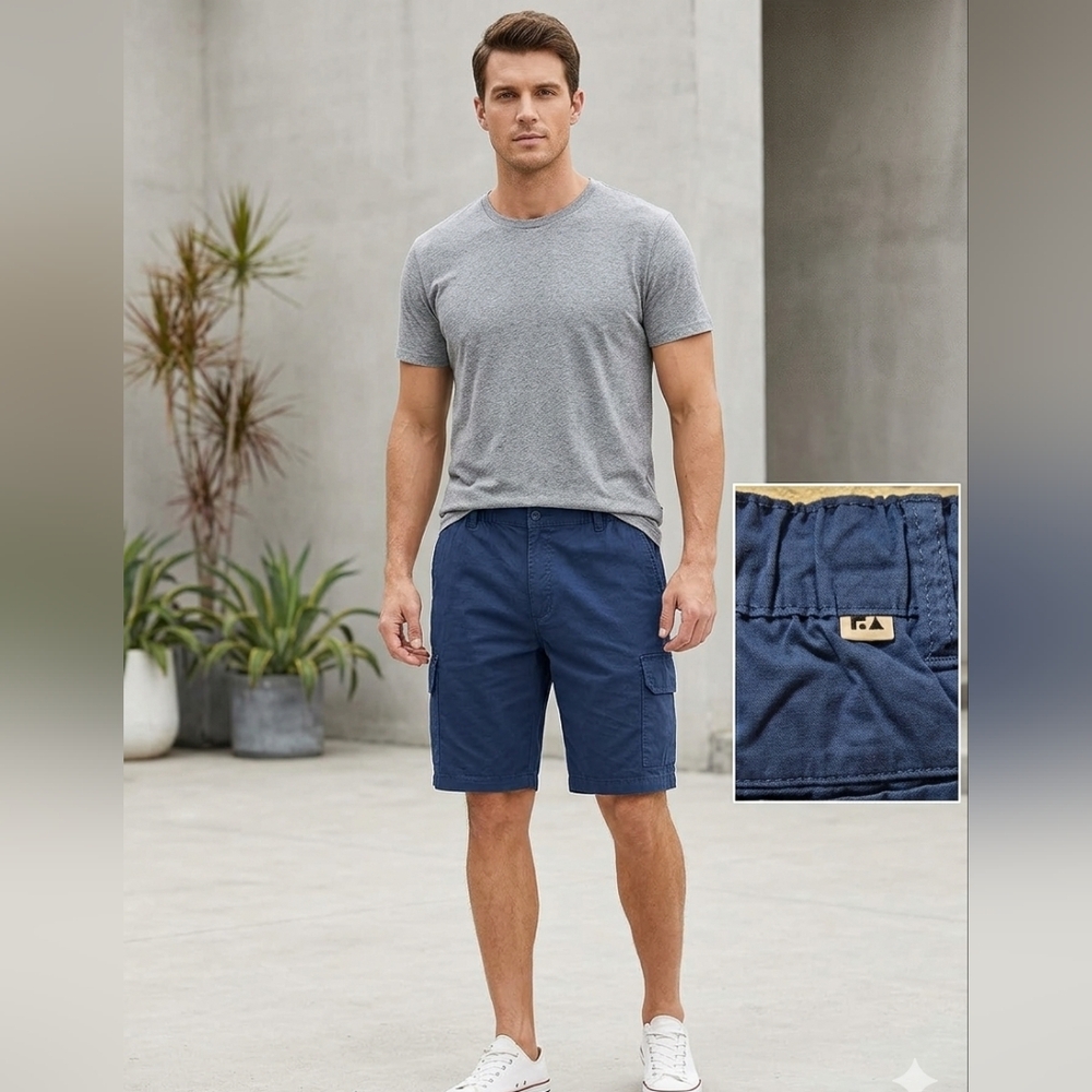 Men's Navy Classic Flat Front Cargo Shorts Comfort Elastic Waist Fit Size XL EUC